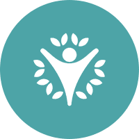Person icon surrounded by leaves in circle.
