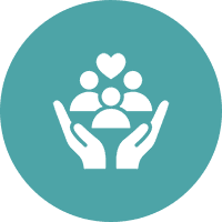 Hands holding people and heart icon.